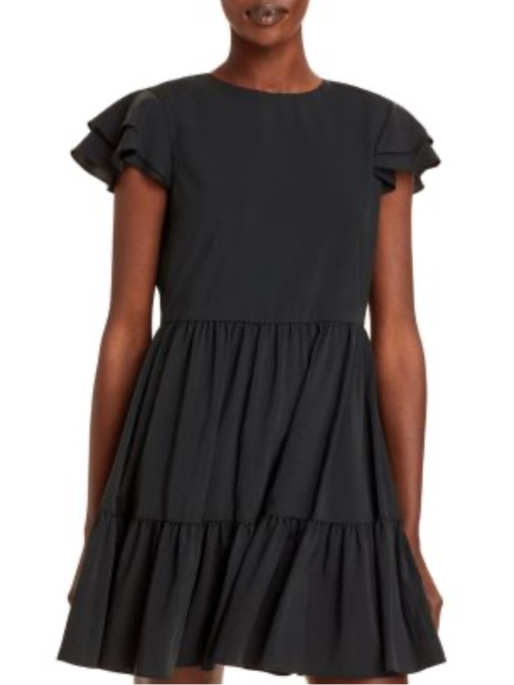 Alice + Olivia Demi Flutter-Sleeve Babydoll Dress Black Ruffle Layered mini SZ 4